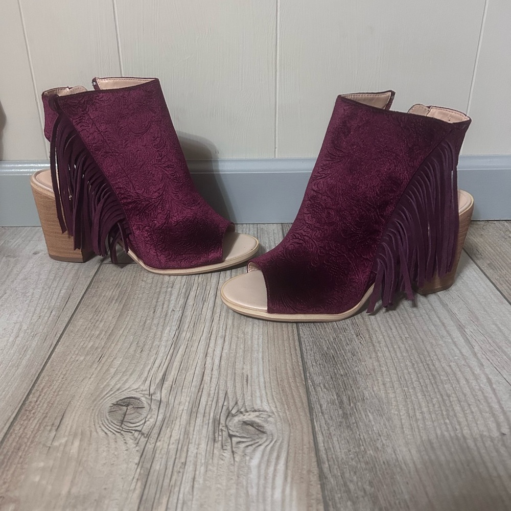 Fringed Burgundy Open-Toe Ankle Boots